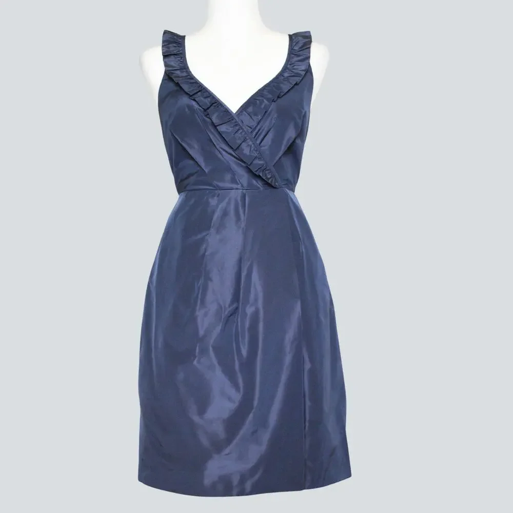 J. Crew Blakely Silk Taffeta Ruffle Faux Wrap Cocktail Dress Blue Womens Size 10